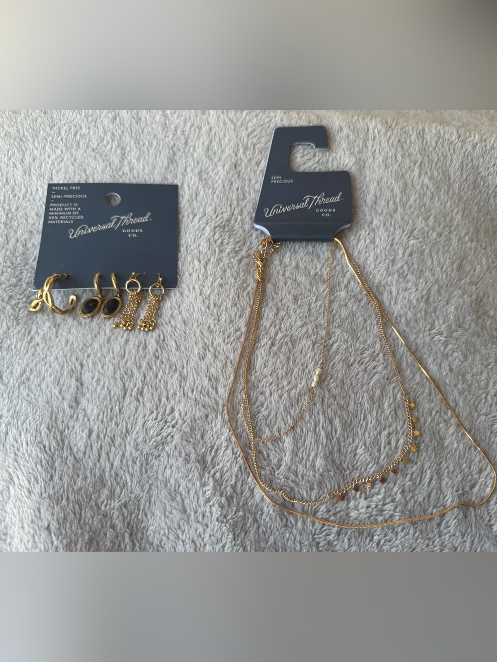 Universal Thread Semi Precious Layered Necklace and Trio Earrings Gold Toned